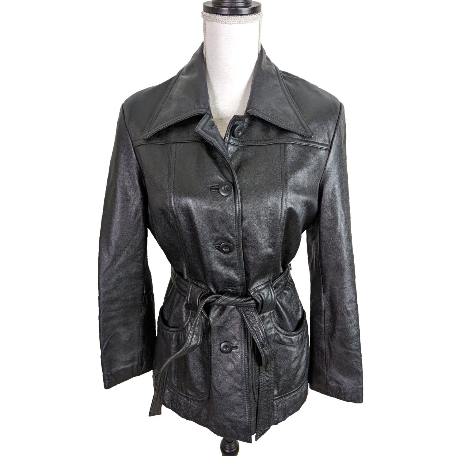 Wilson VINTAGE Wilson Leather Bomber Jacket Moto Belt Tie Waist Black 00s Womens M Size ONE SIZE - 2 Thumbnail