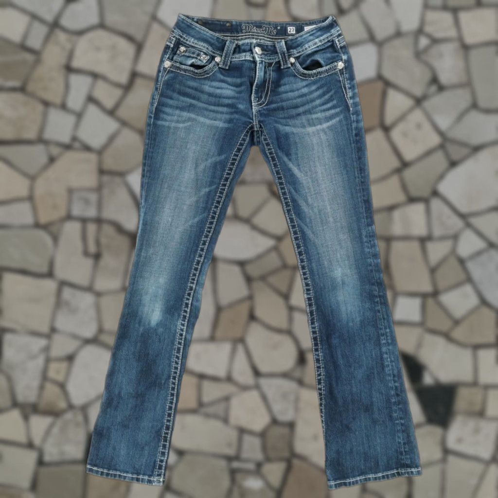 Miss Me Miss Me Jeans Blue Women's 27 Boot Cut Rhinestone Denim Pants Slim Regular Cotton 30in Inseam 13in Waist 26in Size 27" / US 4 / IT 40 - 1 Thumbnail