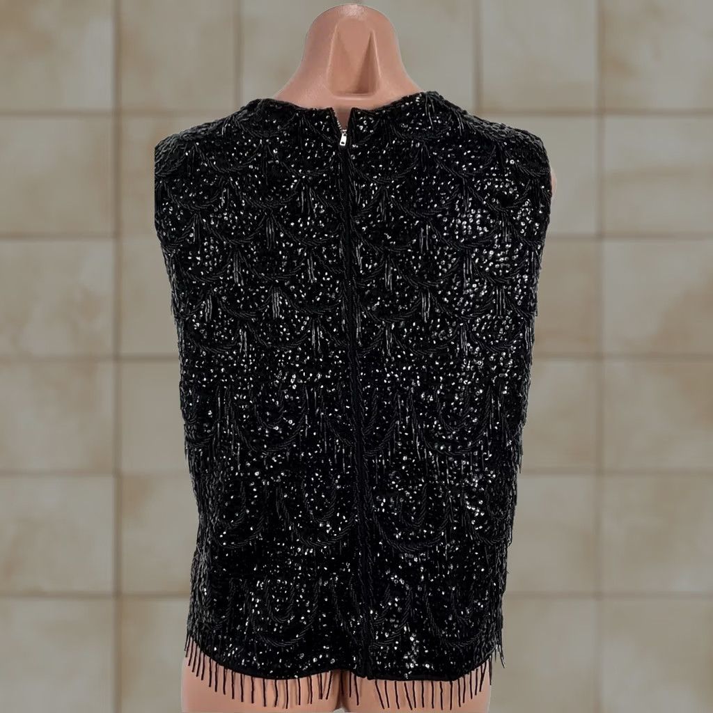 Vintage Gia Ninno Fringe High Neck Zip Back Vintage Black Wool Sequin & Beaded Top sz 14 Size L / US 10 / IT 46 - 1 Thumbnail