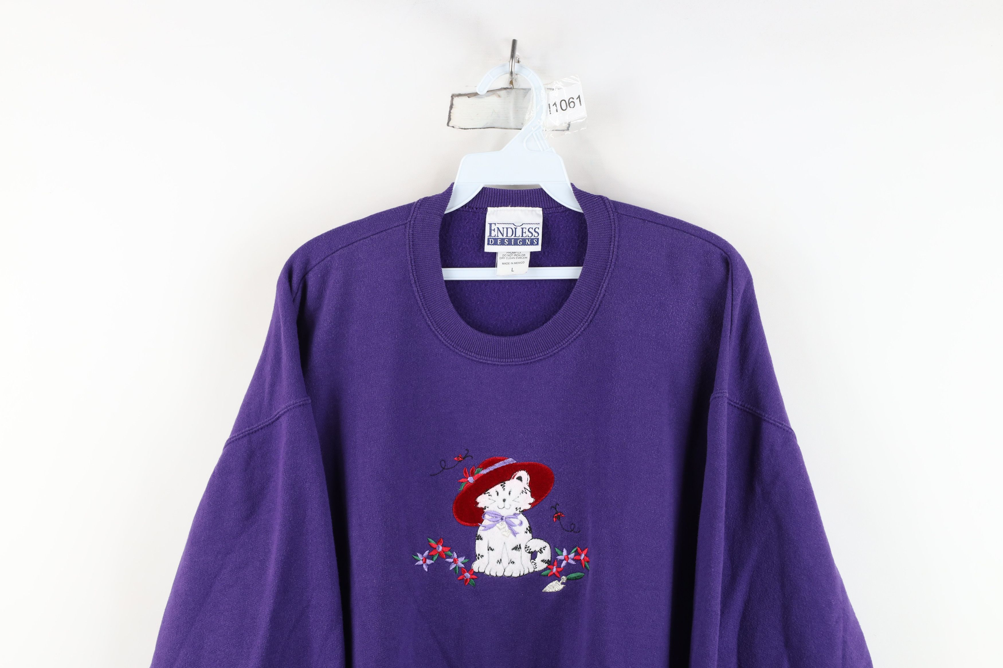 Vintage Vintage 90s Streetwear Kitten Hat Flower Garden Sweatshirt Size L / US 10 / IT 46 - 2 Thumbnail