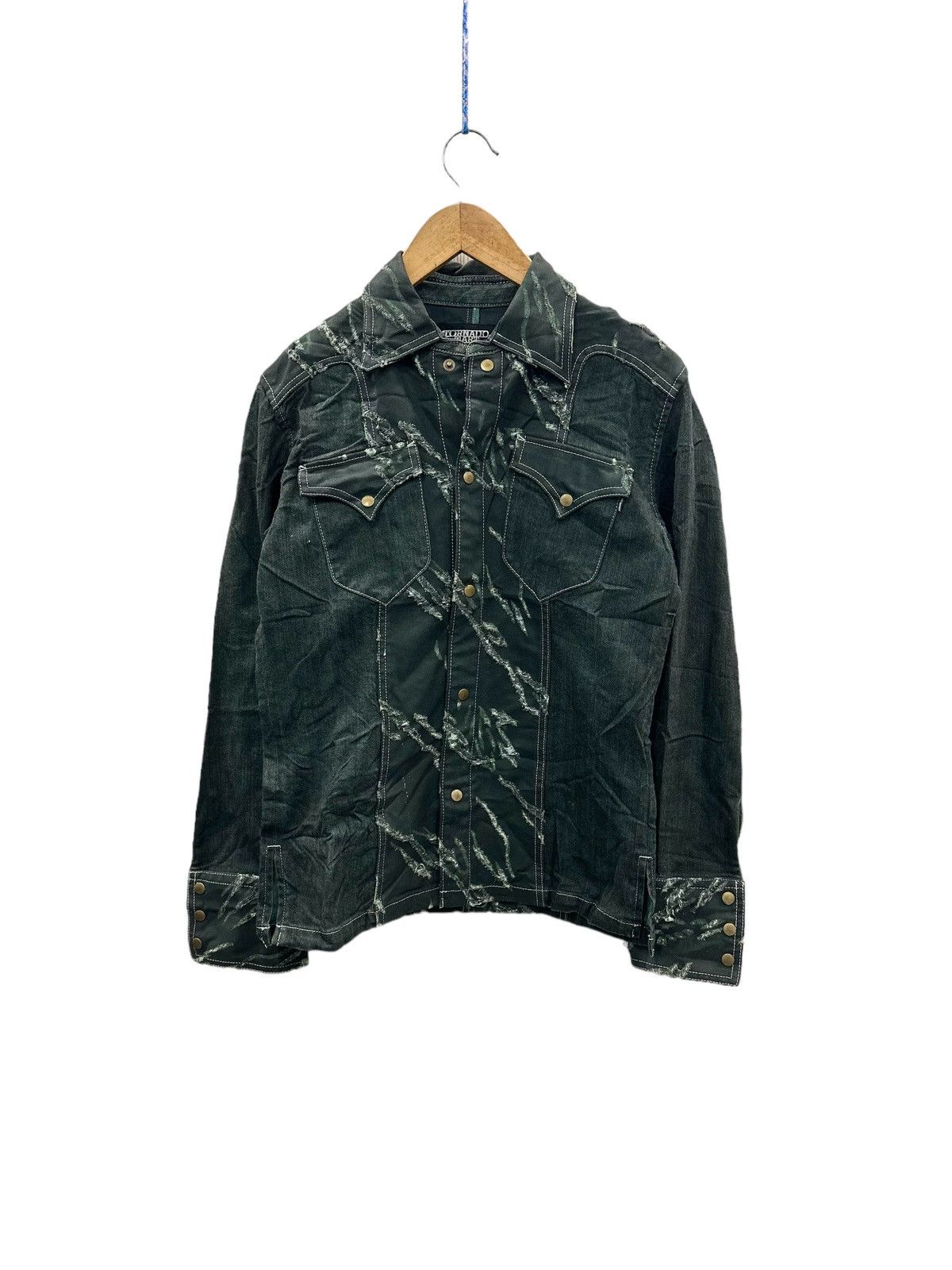 image of If Six Was Nine x Kmrii 2000’S Tornado Mart Distressed Rockabilly Denim Jacket in Black Green (Size