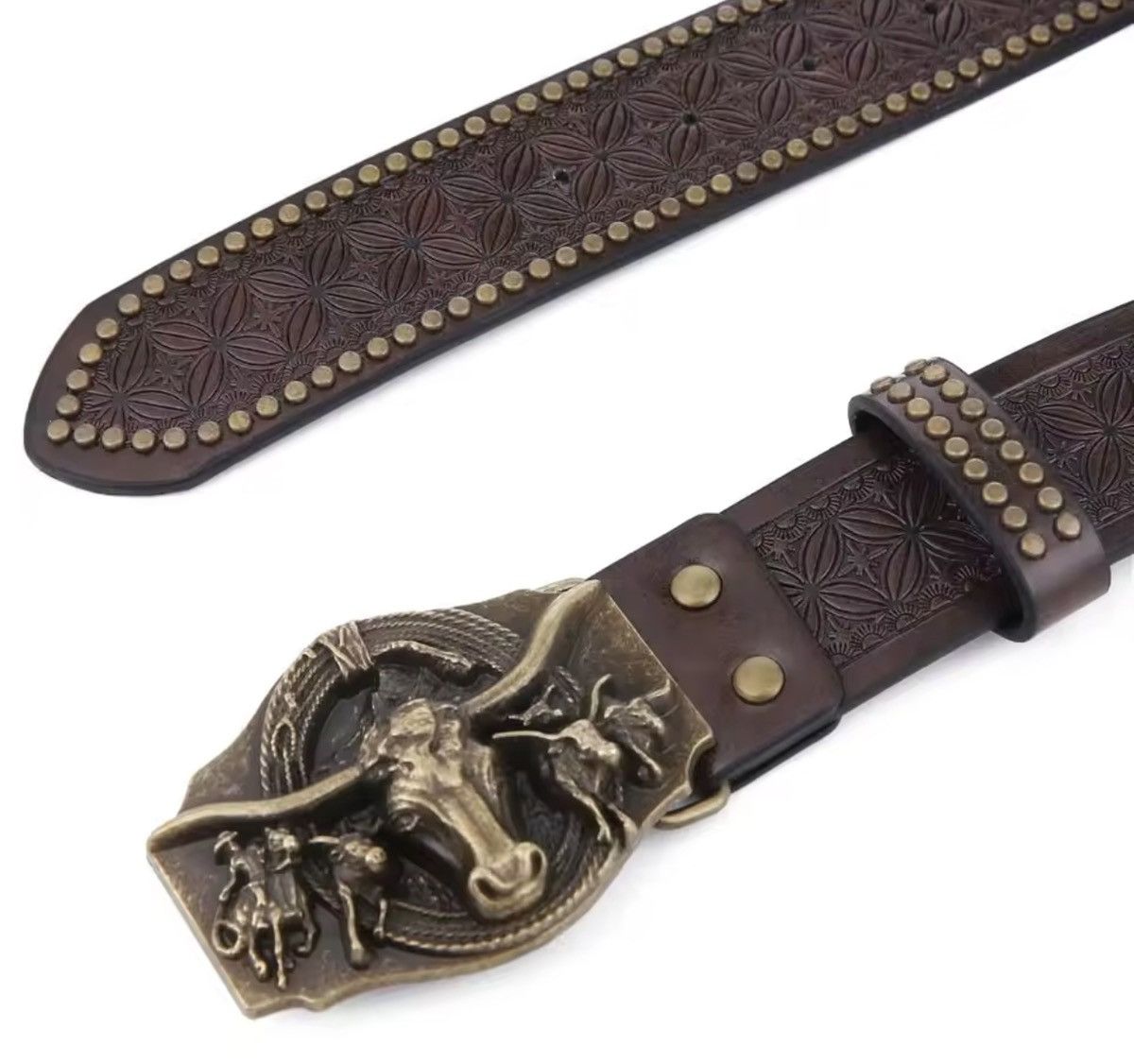 Japanese Brand 115 cm WESTERN GRUNGE Brown Embossed Faux Leather Belt Size ONE SIZE - 5 Thumbnail