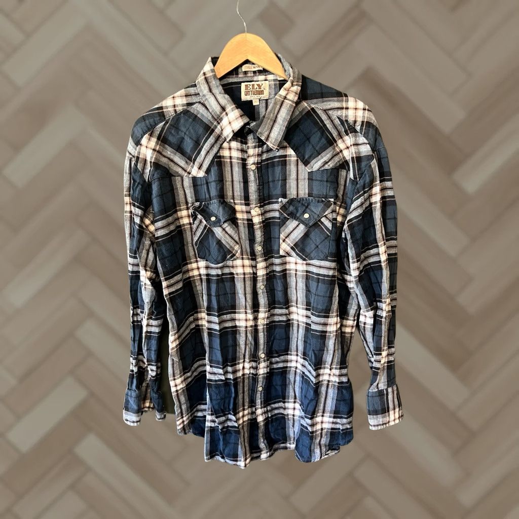 Vintage Ely Cattleman Mens Button-Up Shirt Blue Plaid 2XL Long Sleeve Snap Up Shirt Size US XXL / EU 58 / 5 - 1 Thumbnail
