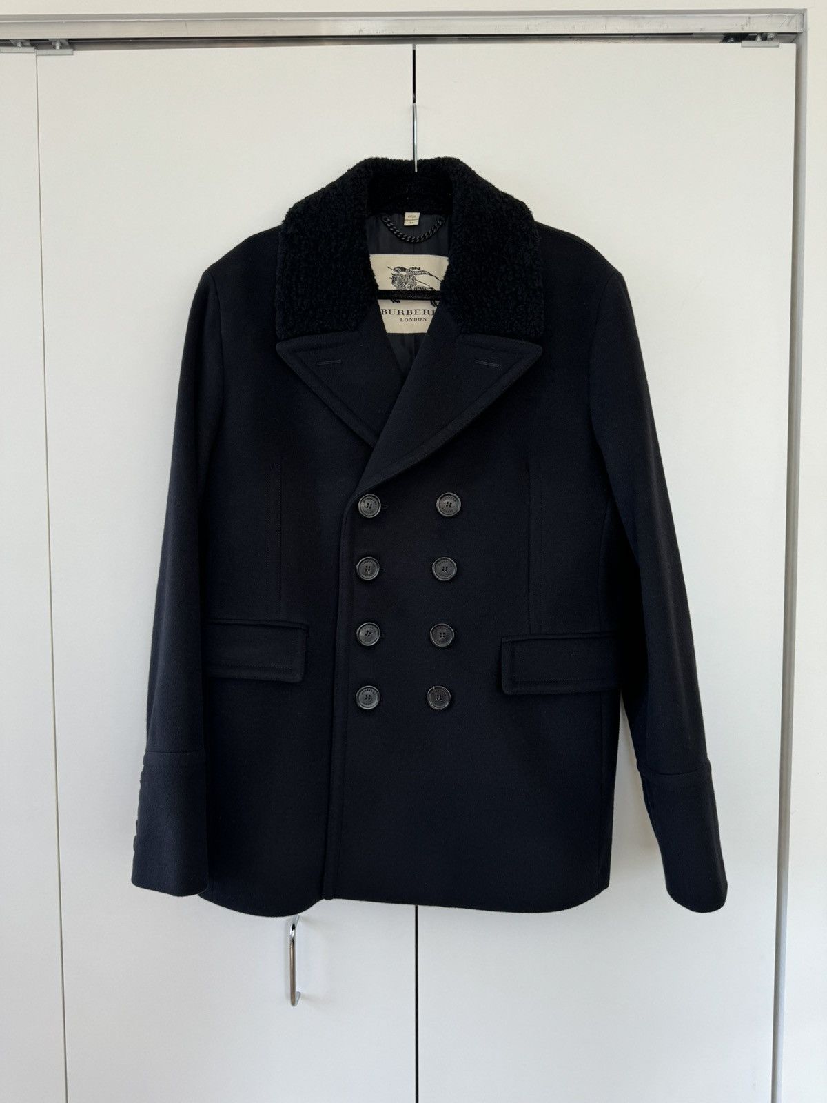 image of Burberry London Shearling Wool Cashmere Double Breasted Peacoat 54 in Black, Men's (Size XL)