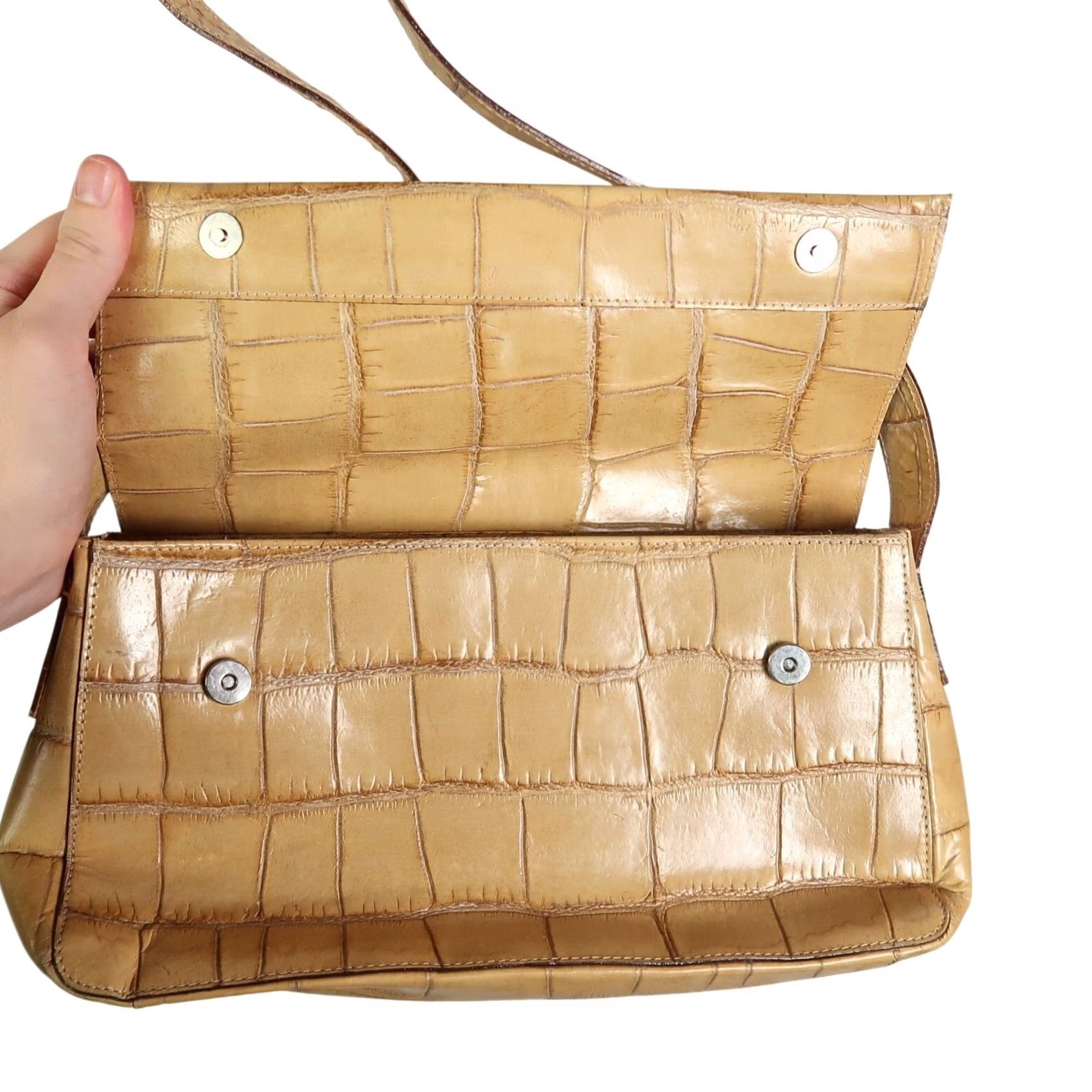 VINTAGE Francesco Biasia Shoulder Bag Tan Leather Croc Embossed 