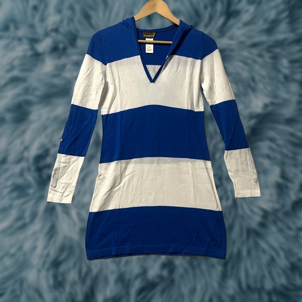 Tommy Bahama Tommy Bahama Sweater Dress Hoodie Striped Knee Length Blue XS Womens Roll Tab Sleeve Knit V-Neck Pullover Casual Party/Cocktail Travel Size XS / US 0-2 / IT 36-38 - 1 Thumbnail