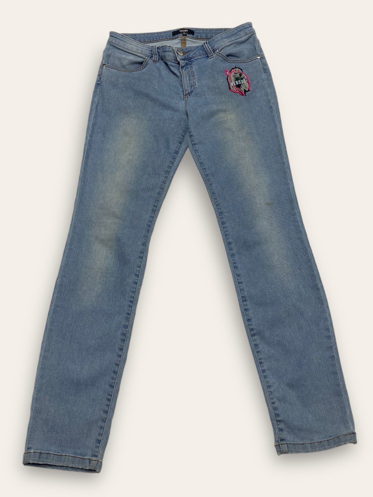 Jean Vintage VERSUS VERSACE Blue Animal Patch Jeans Slim Y2K Size 31" - 1 Thumbnail