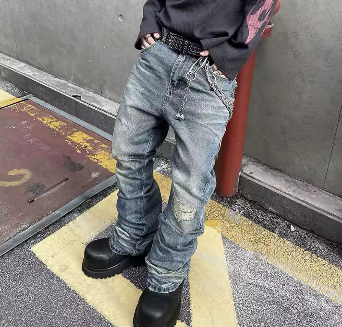 Japanese Brand Blue Distressed Worn Holes Straight Jean Size US 29 - 4 Thumbnail
