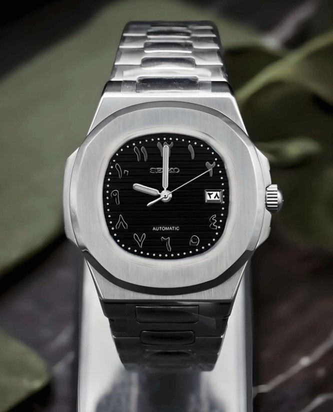 Japanese Brand Seiko Mod Nautilus Black Arabic Dial Steel Watch 41mm Size ONE SIZE - 2 Thumbnail