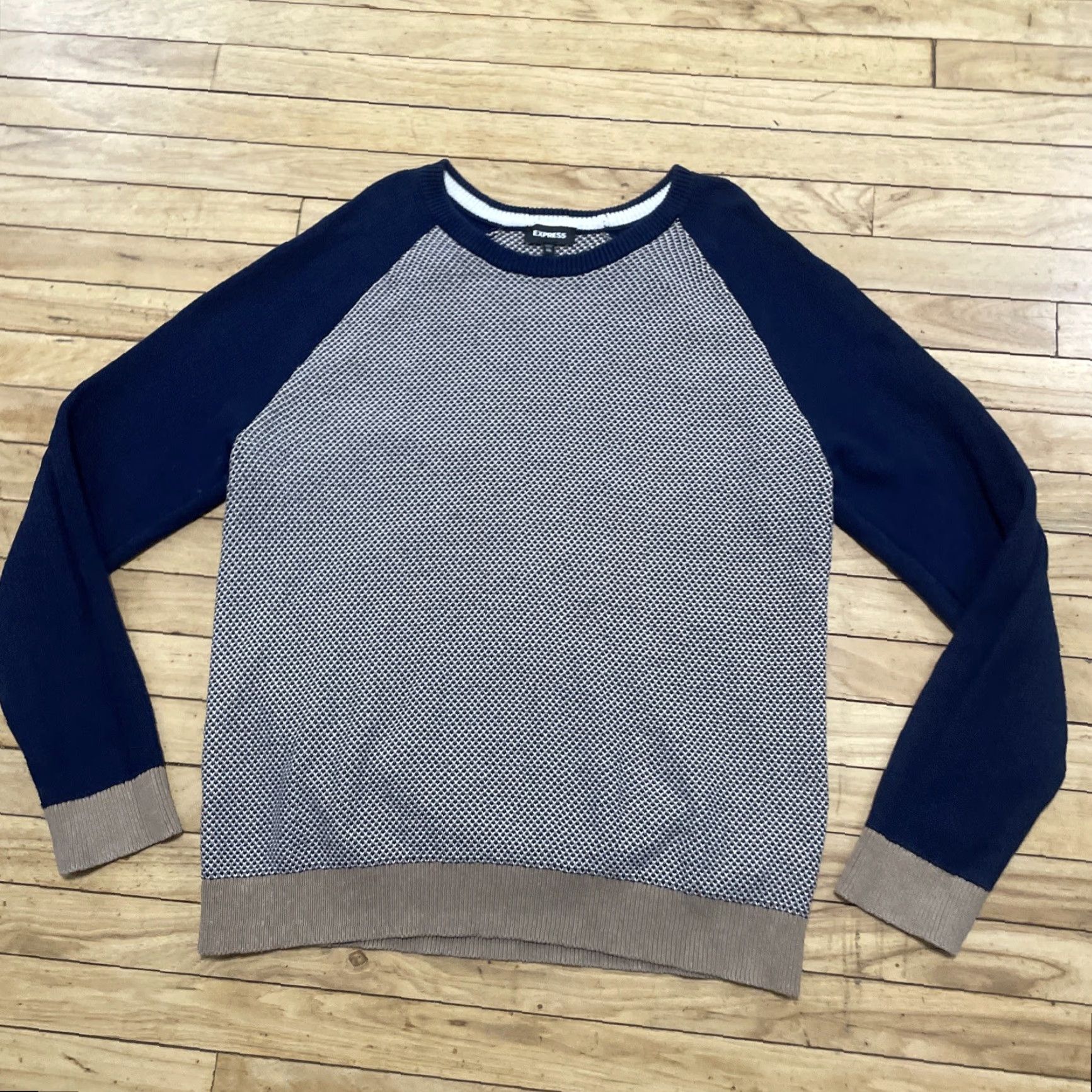 Express VINTAGE Express Knit Statement Sweater Men 2XL Texture Old Money Yacht Preppy Cotton XXL Cream Tan Blue, 80s 90s Classic, Wool? Wait - hold on. Size US XXL / EU 58 / 5 - 3 Thumbnail