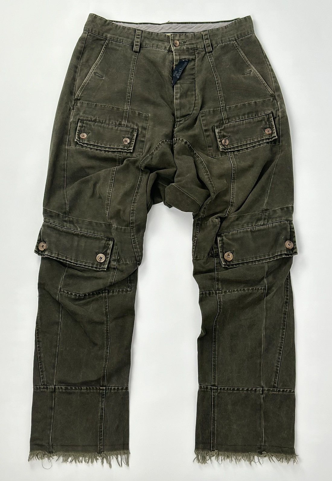 Galliano Drop Crotch Multi-Pocket Cargo Pants Moss Green