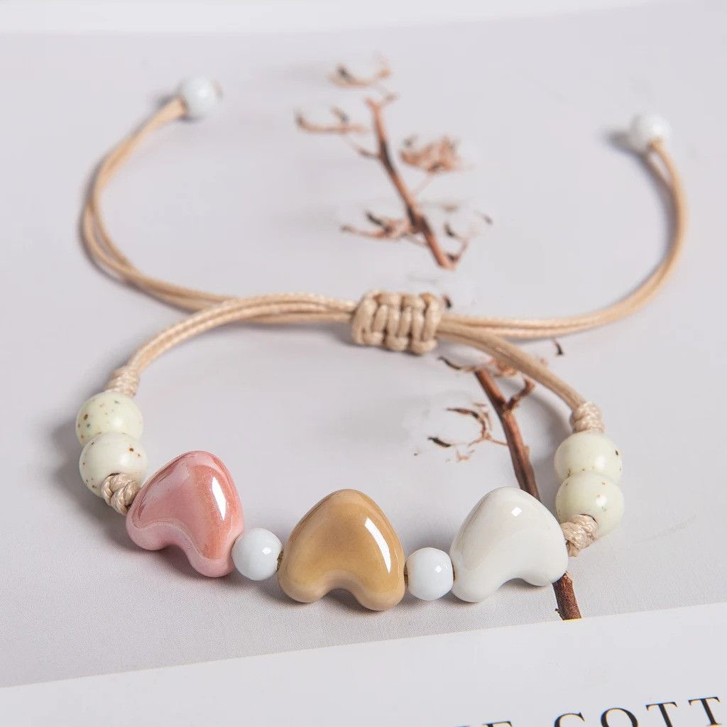 Handmade Triple Heart Ceramic Bracelet Handmade Jewelry Gift For Her Size ONE SIZE - 6 Thumbnail