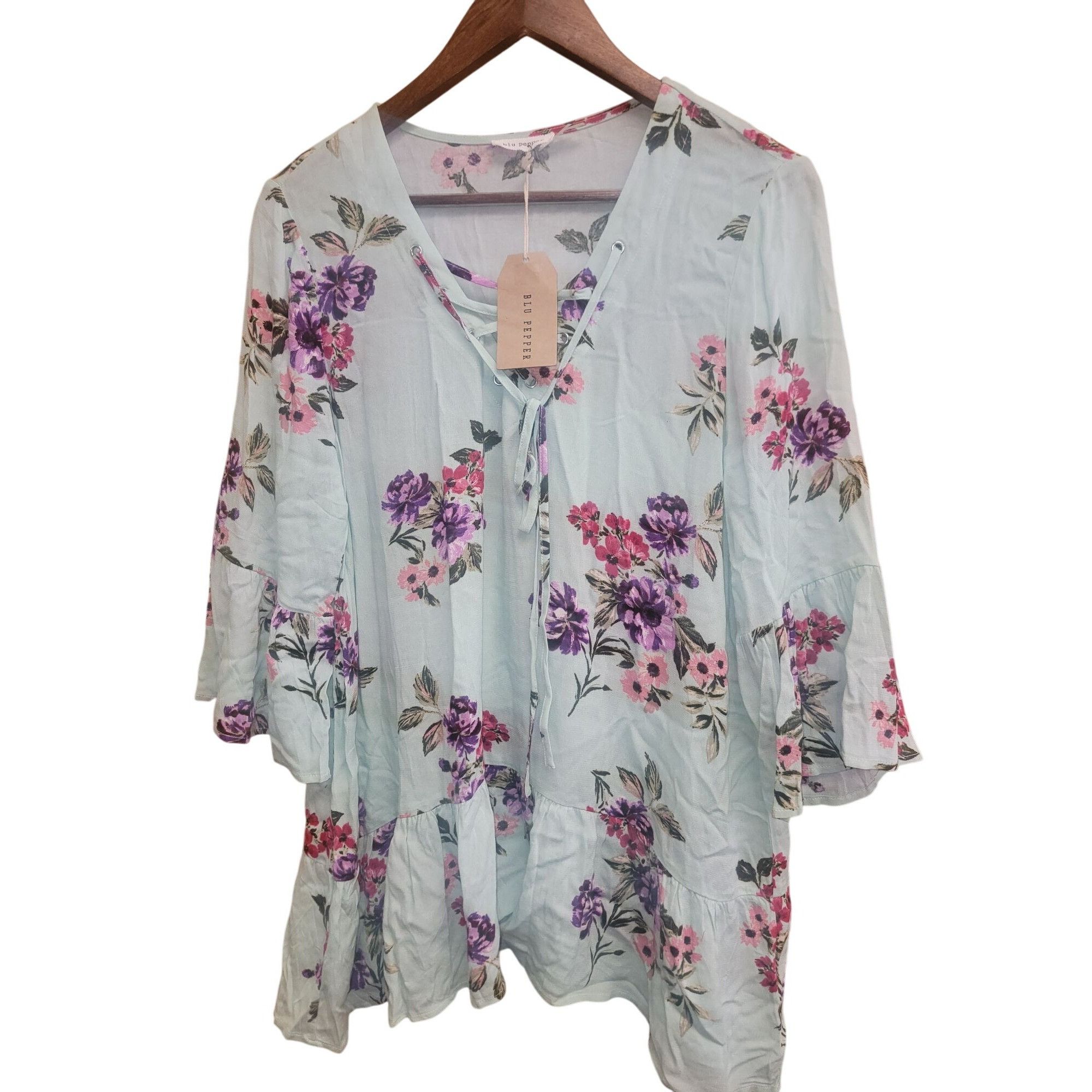 Other Blu Pepper Floral Tunic Top W/ Lace-Up Neckline & Ruffle Hem Size L / US 10 / IT 46 - 3 Thumbnail
