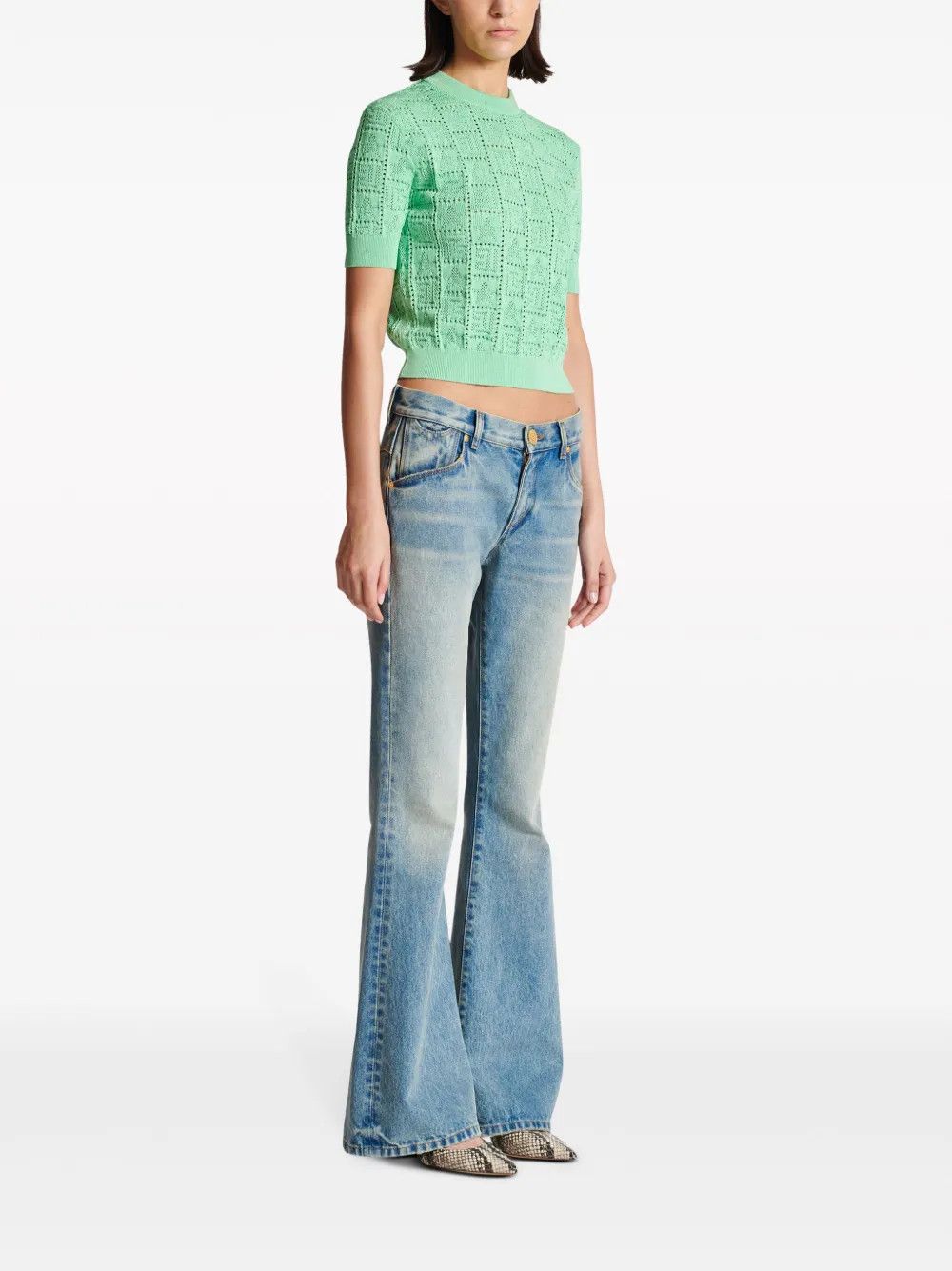 Balmain o1s1wg110825 Monogram Jacquard Top in Green Size L / US 10 / IT 46 - 7 Thumbnail