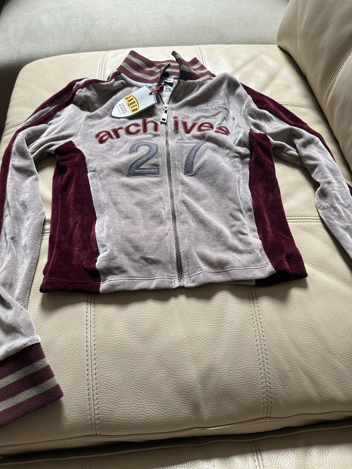 Image of Jaded London 2000 Archive Velour Track Top in Grey/Maroon, Women's (Size Small)