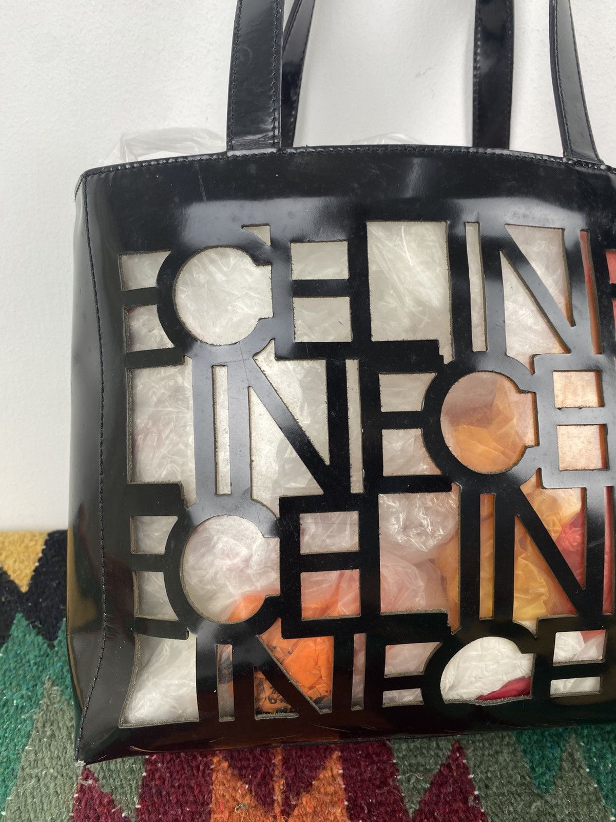 Celine 2000’s Celine Cutout Logo Black Vinyl Shoulder Tote Bag Size ONE SIZE - 13 Thumbnail