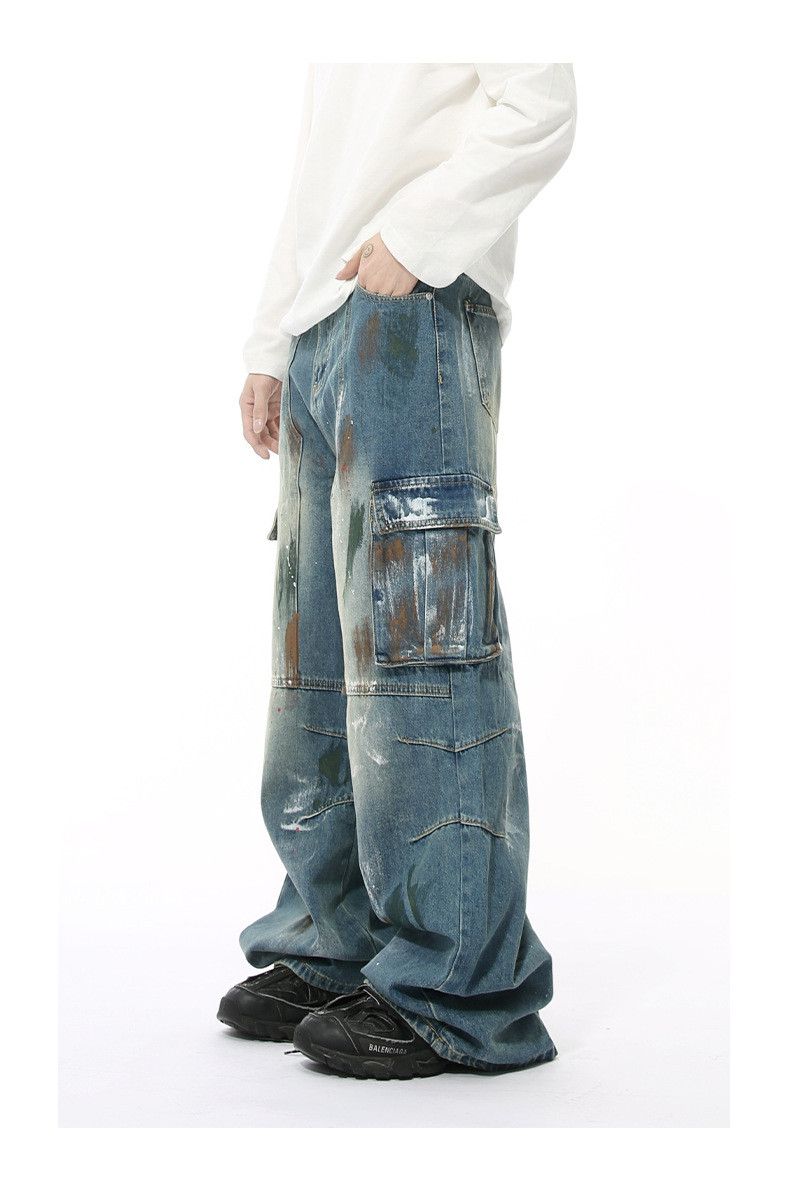 Japanese Brand Hand-painted graffiti heavy-duty multi-pocket work jeans Size US 32 / EU 48 - 2 Thumbnail