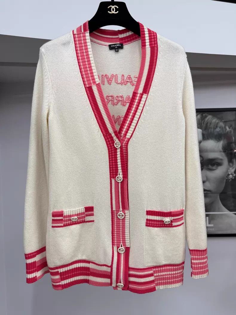 Chanel Chanel White and pink color block striped cashmere knitted Size XXS / US 00 / IT 34 - 1 Thumbnail