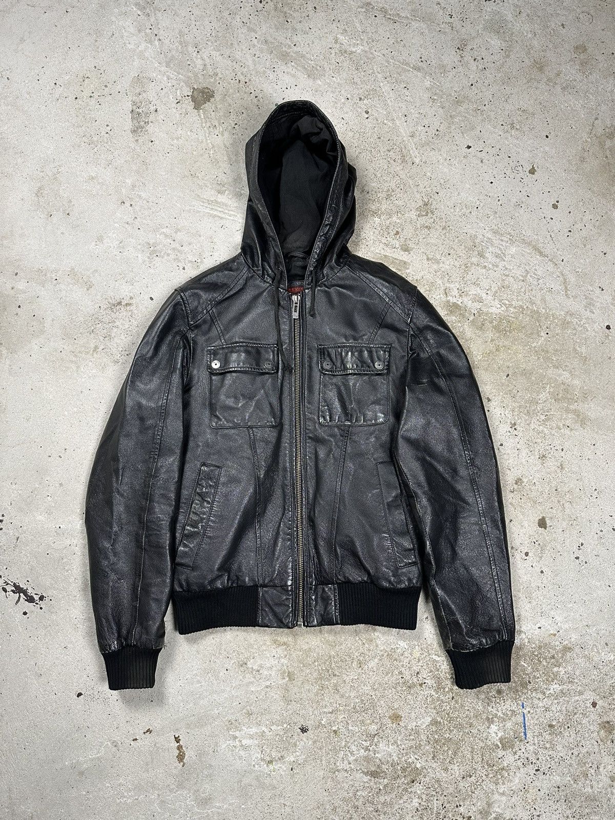 Vintage y2k Hooded Leather Black Bomber Jacket 