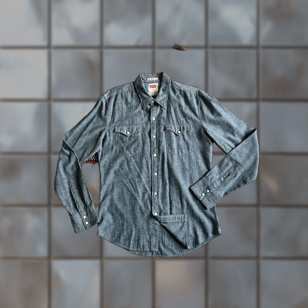 Levi's VINTAGE LEVIS Chambray Barstow Western Shirt M 2014 Pearl Snaps Mint Blue Solid Mens Regular Size US M / EU 48-50 / 2 - 1 Thumbnail
