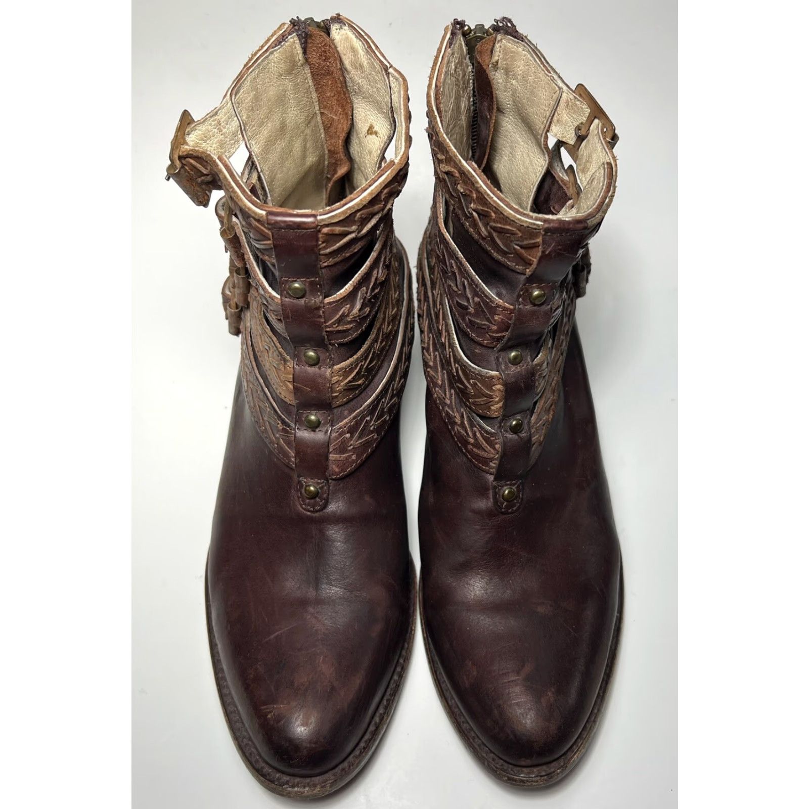 FREEBIRD FREEBIRD BY STEVEN Women's Bootie Brown Leather Distressed Roper Ankle Zipper Buckle 8 Modern Bohemian Size US 8 / IT 38 - 5 Thumbnail