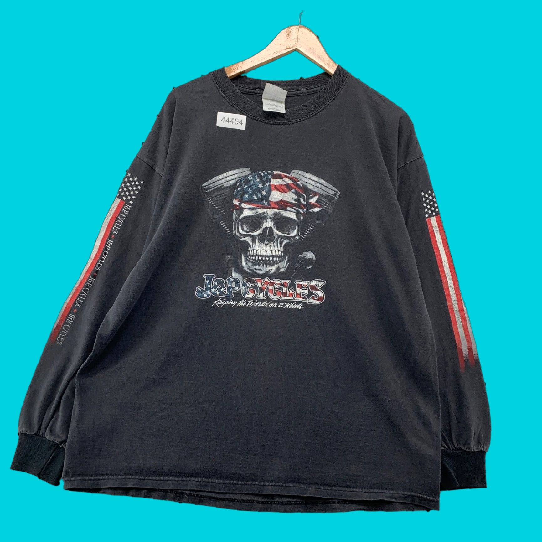 VINTAGE J&P Cycles Skull USA Flag T Shirt Mens XL Black Long Sleeve Crew Neck Cotton T-Shirt Mens XL Skull USA Flag 90s Motorcycle Graphic