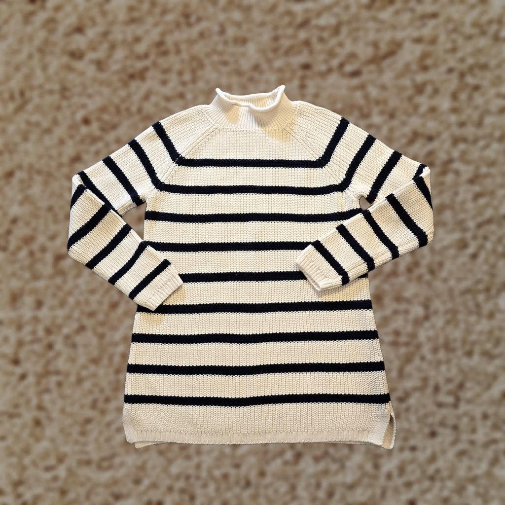 Talbots Talbots Sweater Womens Size M Petite White Blue Striped Nautical Preppy Pullover Raglan Sleeve Mock Neck Knit Cotton Regular Knit Pattern Striped Size M / US 6-8 / IT 42-44 - 1 Thumbnail