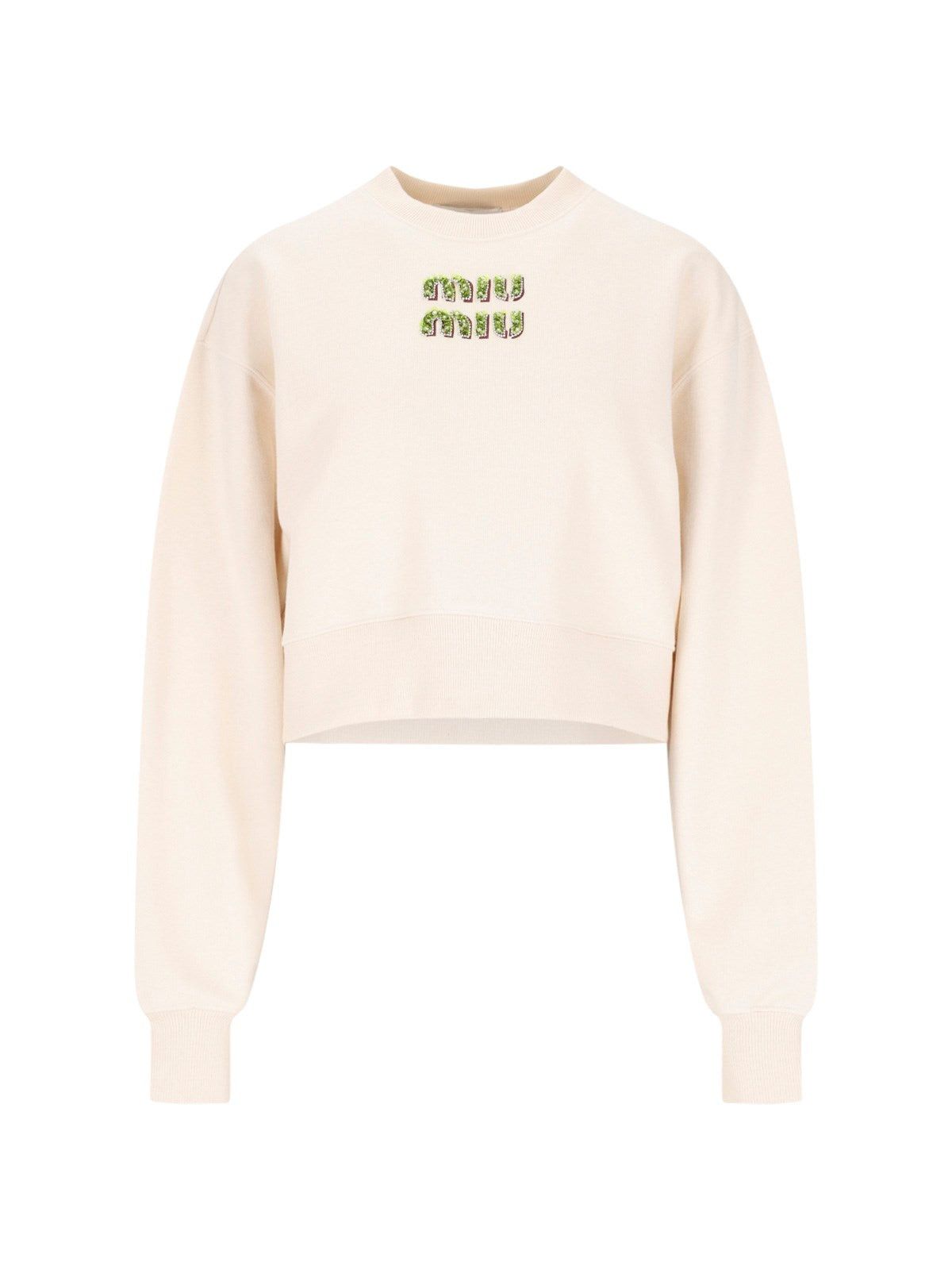 image of Miu Miu Crop Sweatshirt With Embroidered Logo Size S in Beige, Women's