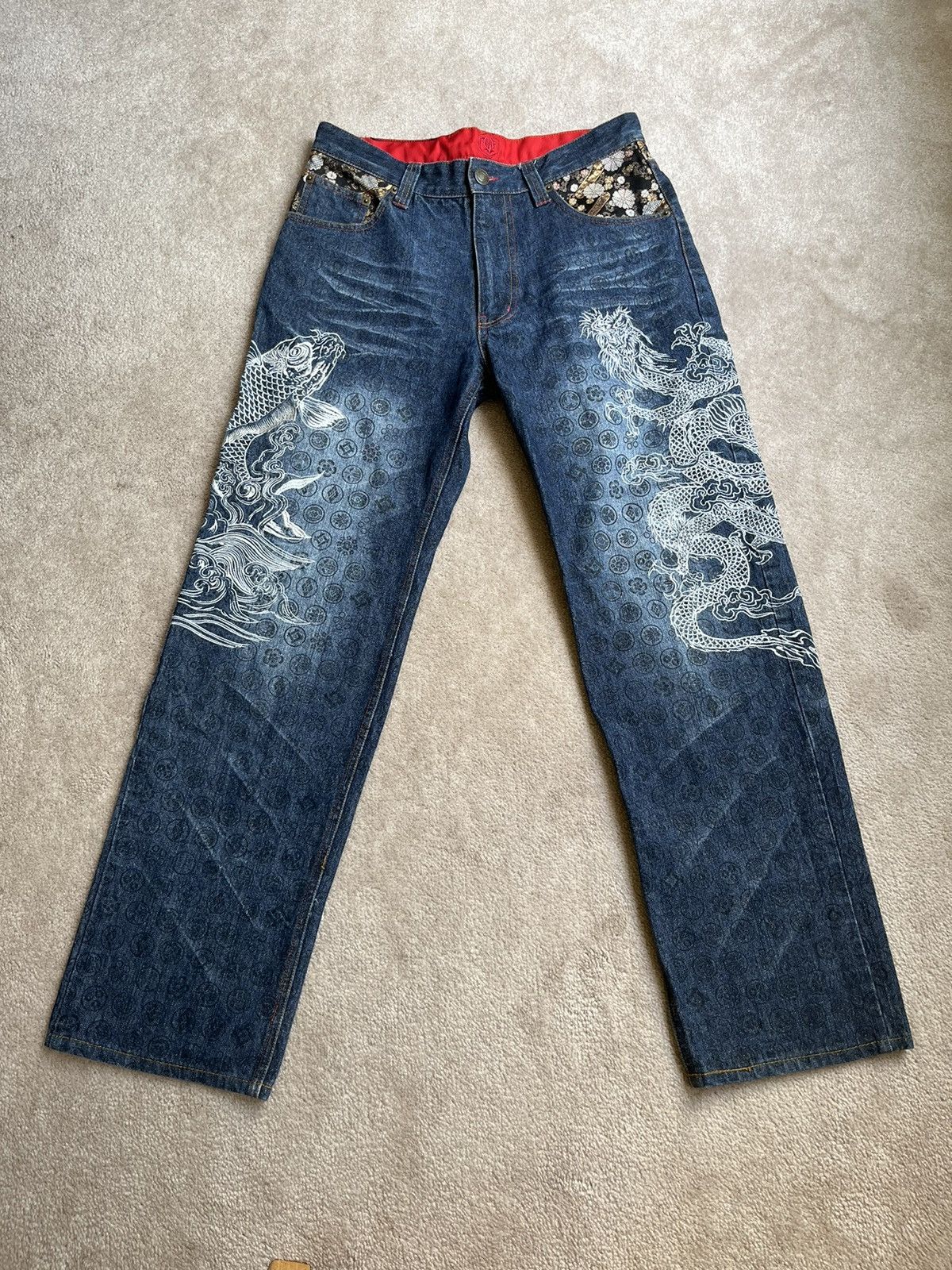 Japanese Brand Kara Kuri Embroided Fish & Dragon Jeans Size US 32 / EU 48 - 1 Thumbnail