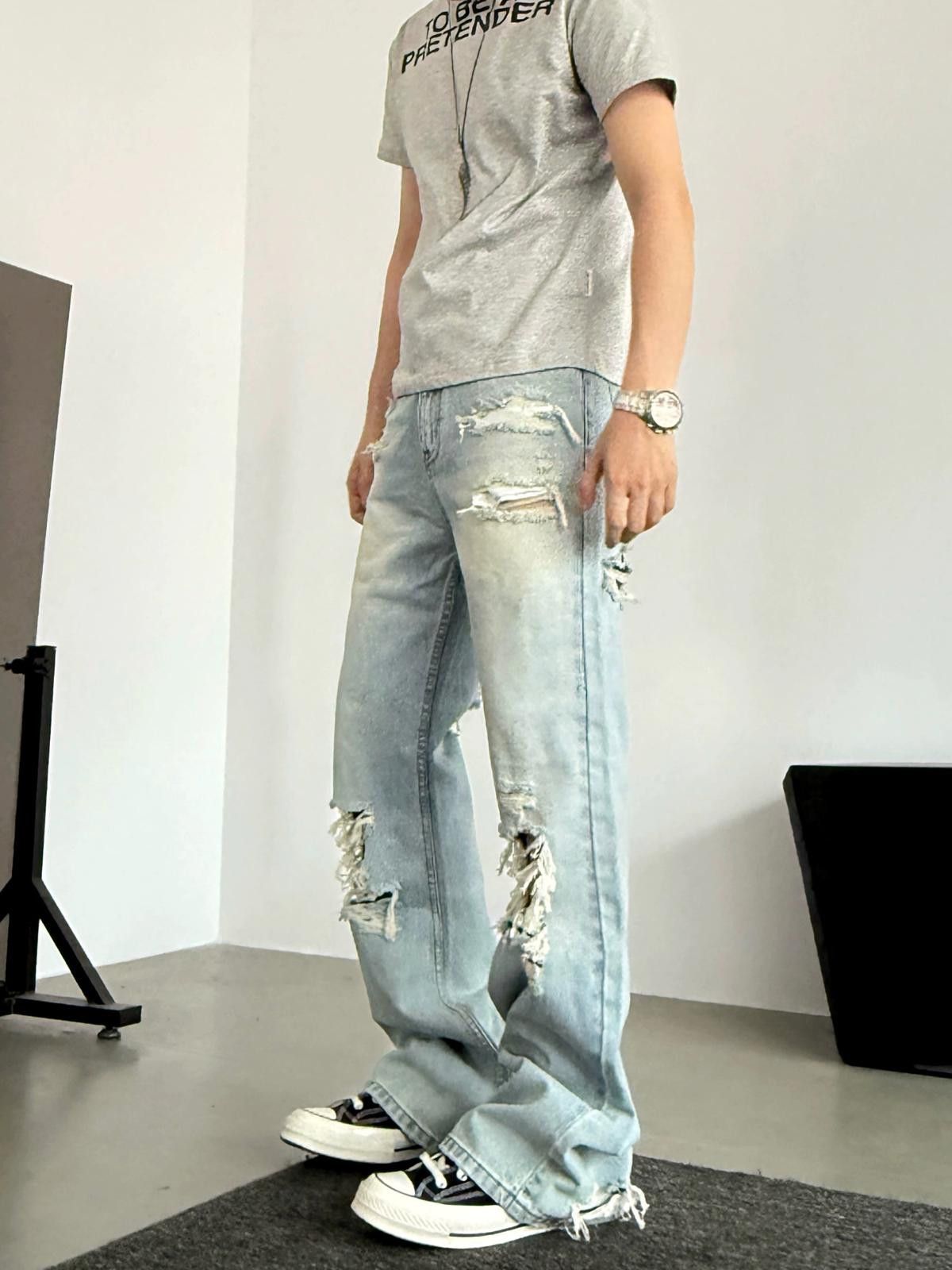Jean Light Blue Distressed Flared Jeans, Ripped Denim Size US 32 / EU 48 - 3 Thumbnail