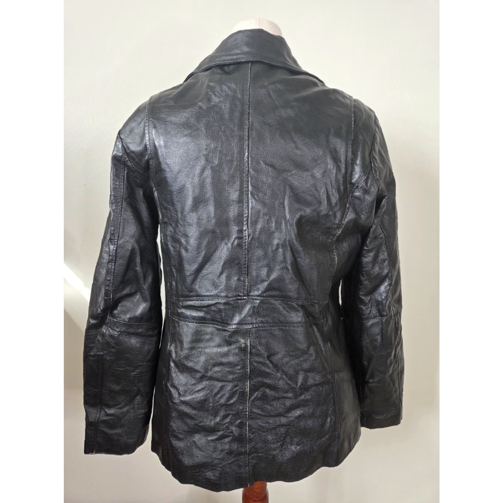 Vintage VINTAGE Womens XL Tall Black Leather Jacket Coat Collared Full Zip 90s Biker Classic Pockets Size XL / US 12-14 / IT 48-50 - 2 Thumbnail