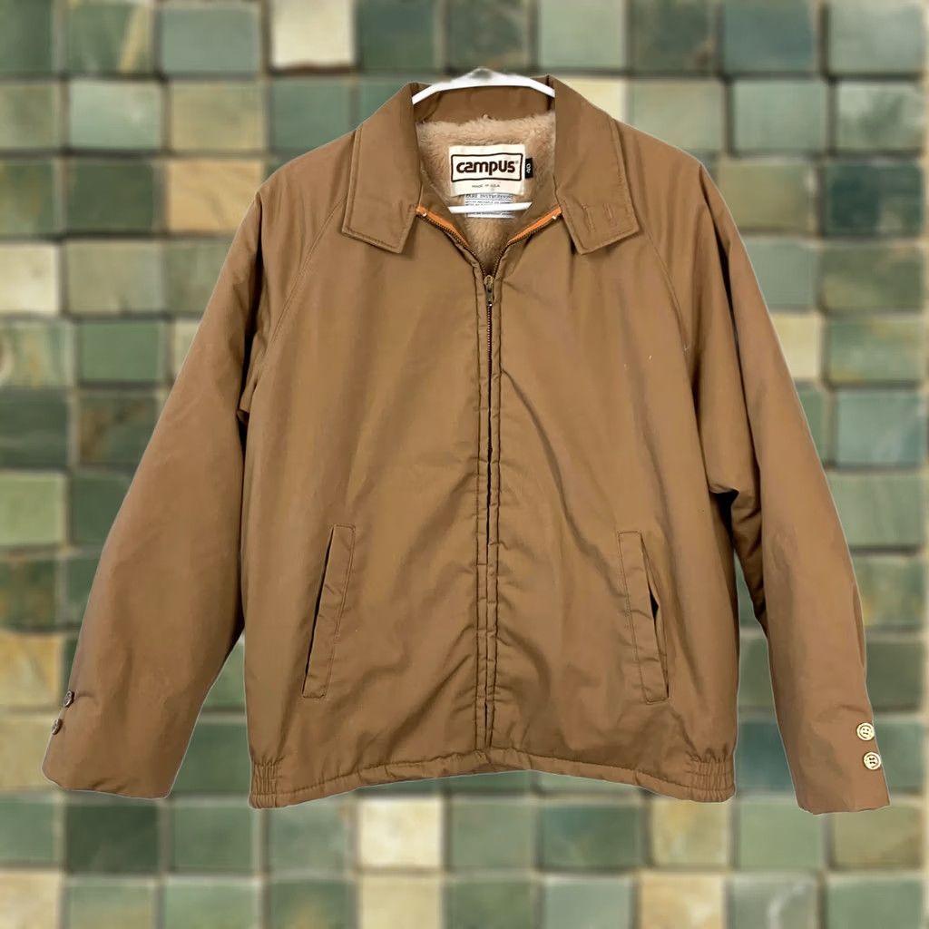 Vintage VINTAGE Campus Bomber Shirt Mens Tan Brown 70s Faux Fur Lined Made in USA 40 Regular Cozy Casual Size US XXS / EU 40 - 1 Thumbnail