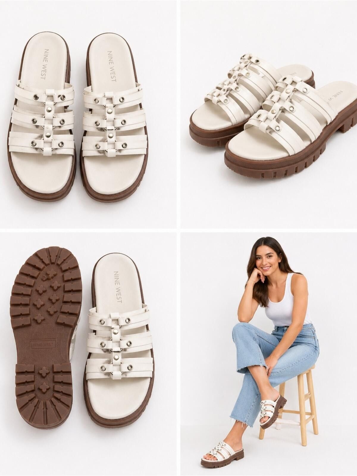 Nine West Nine West Cream Strappy Stud Platform Slide Sandals Size US 9 / IT 39 - 1 Thumbnail