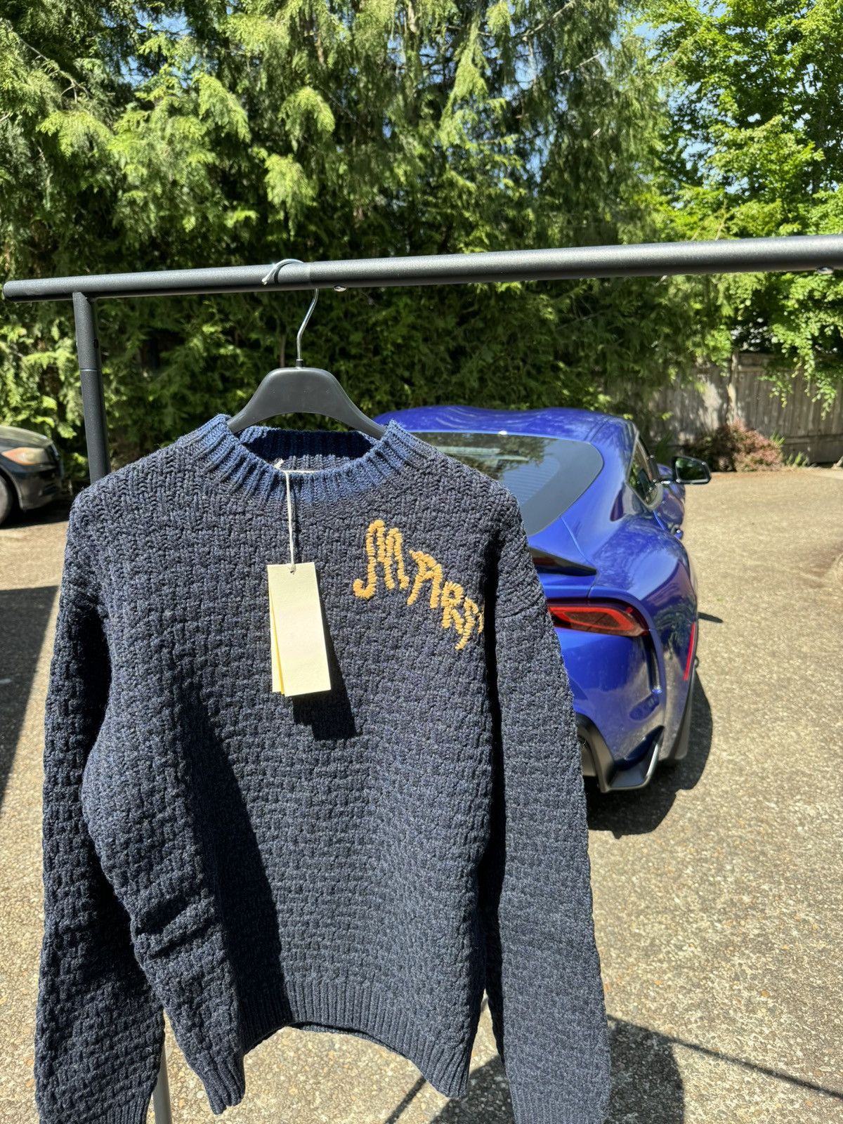 image of Marni Embroidered Logo Mouline Shetland Wool Sweater in Ink, Men's (Size Medium)