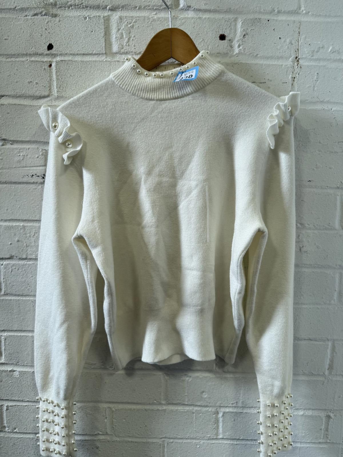 River Island Women's White Sweater with Pearl Embellishments Size L / US 10 / IT 46 - 1 Thumbnail