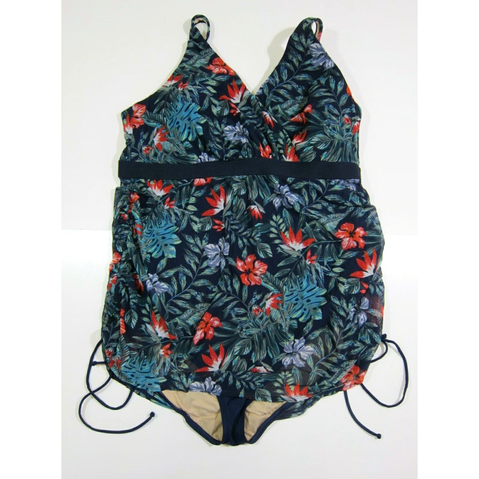 Vintage NWT Cacique Blue Green Floral Lightly Lined One Piece Swimsuit Dress Women 24 Size 4XL / US 24-26 - 2 Thumbnail