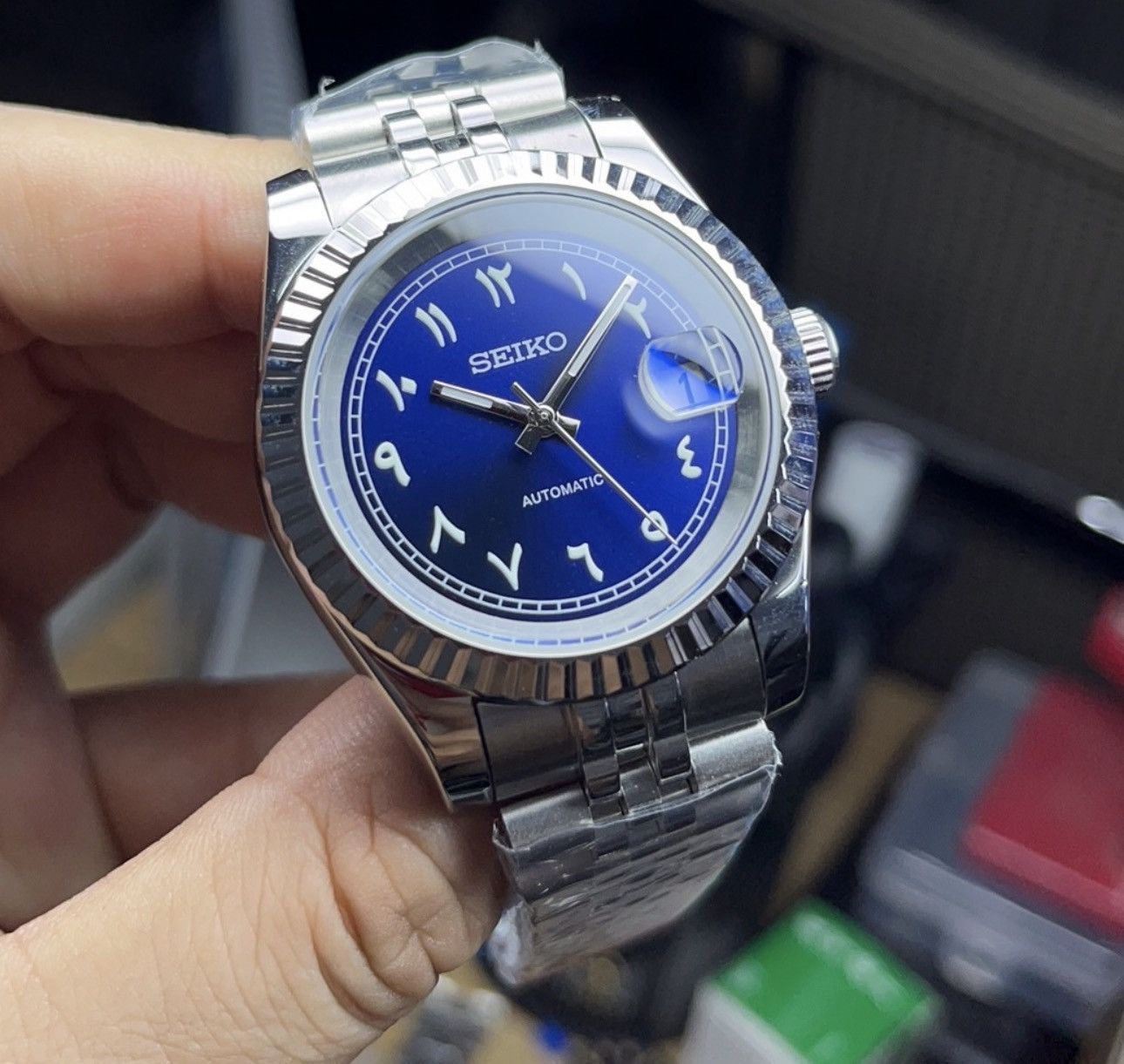 Japanese Brand Seiko Mod Datejust Blue Arabic Steel Jubilee Watch 39mm Size ONE SIZE - 1 Thumbnail