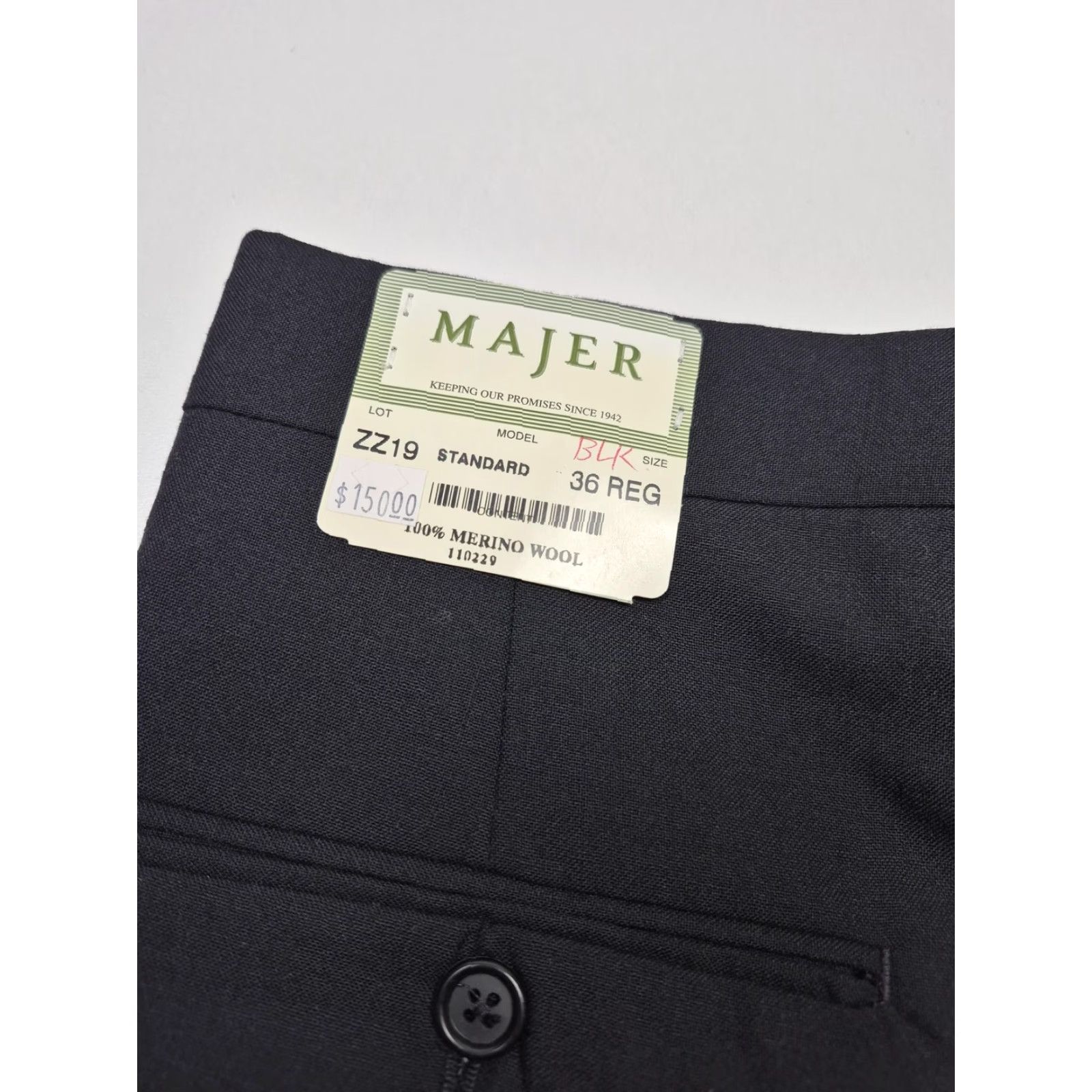 Maje VINTAGE Majer Dress Pants Mens 36x36 Black Wool Flat Front Unhemmed Straight Leg Zipper Pockets 100% Merino USA Mens Size US 36 / EU 52 - 2 Thumbnail