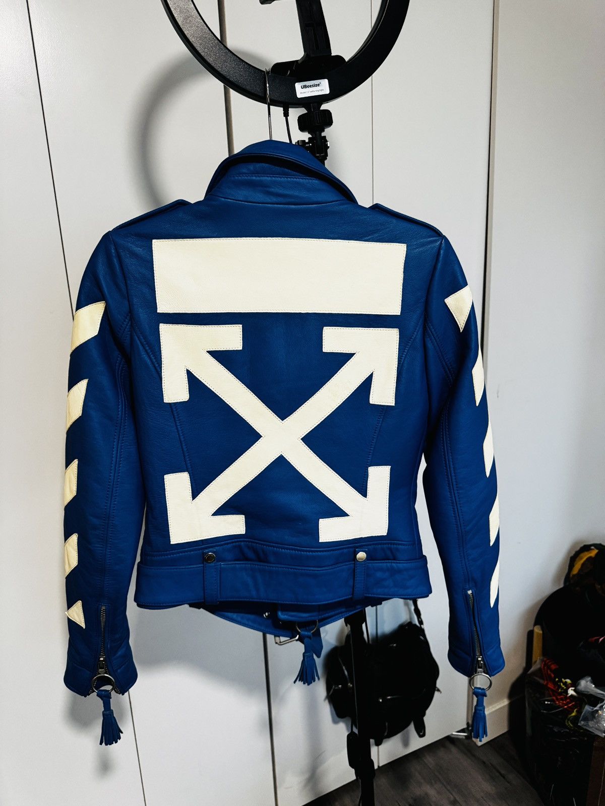Off-White Off-White Panelled Blue Leather Biker Jacket Size S / US 4 / IT 40 - 2 Thumbnail