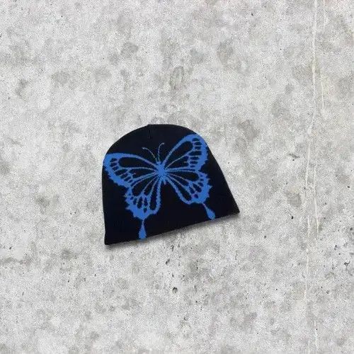 VIBE 🔥🕷☠️ Japanese style Beanie hat Butterfly pattern y2k ⚡️ Size ONE SIZE - 2 Thumbnail