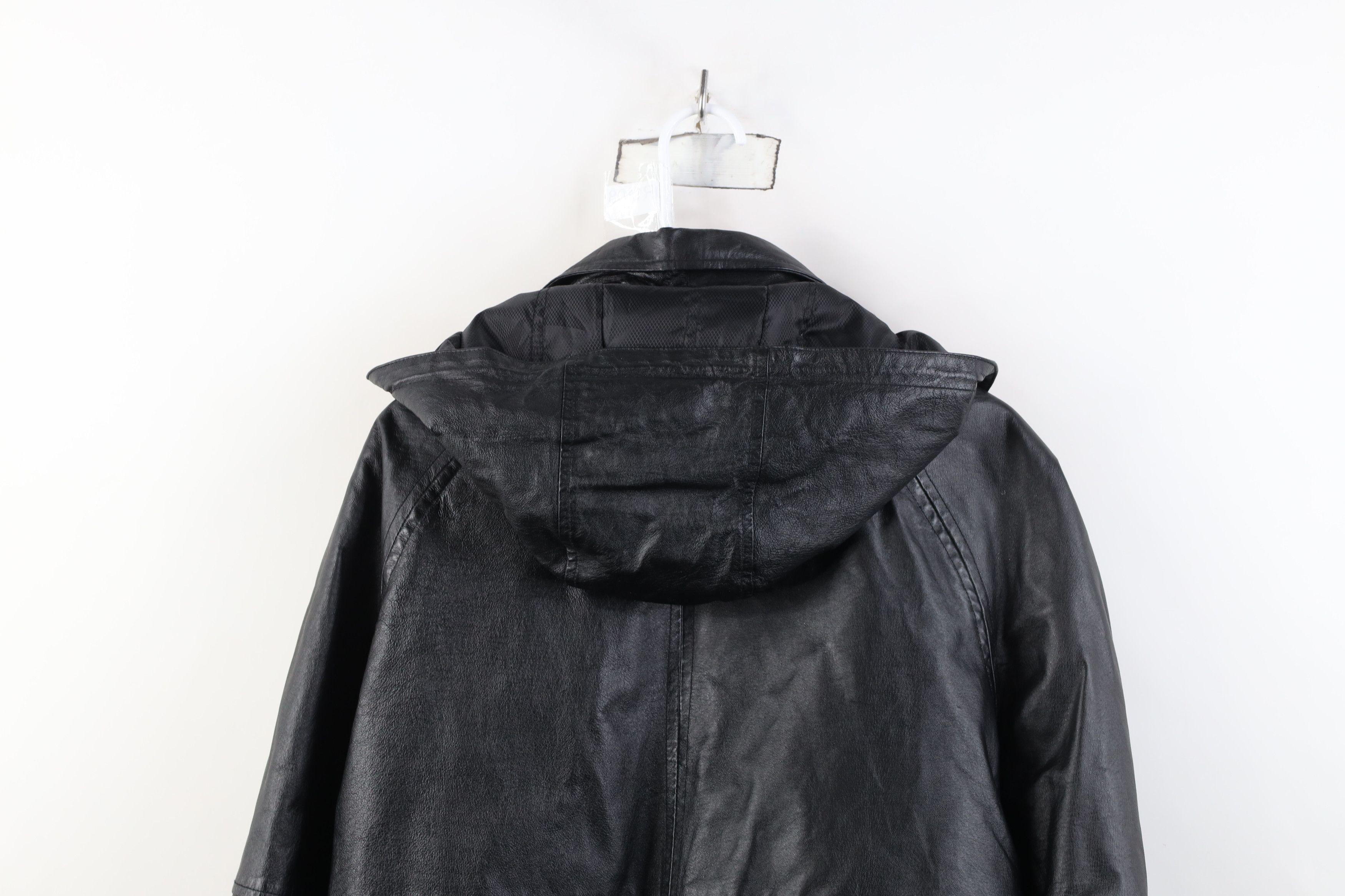 Vintage Vintage 90s Streetwear Hooded Leather Duster Jacket Black Size L / US 10 / IT 46 - 15 Thumbnail
