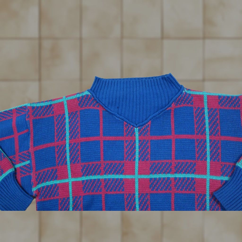 Vintage VINTAGE Bramble Lane Sweater Plaid Knit Blue 80s 90s Crew Neck Long Sleeve Womens 38 Pullover Size XS / US 0-2 / IT 36-38 - 1 Thumbnail
