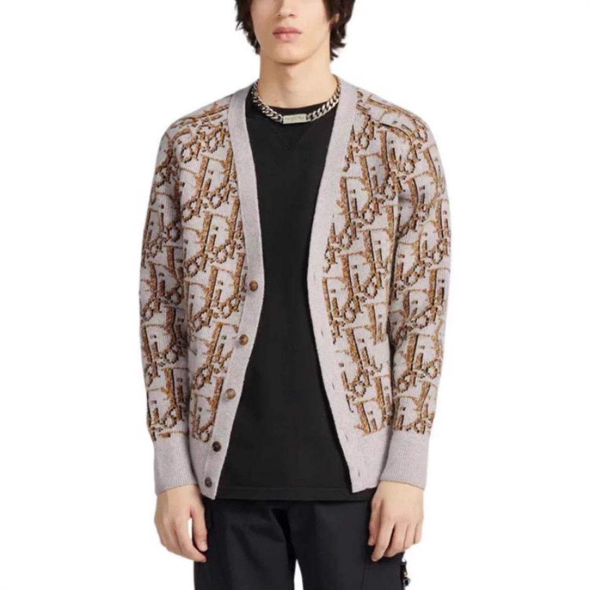 Dior DIOR Oblique Jacquard V-neck Wool Cardigan Beige L Size US L / EU 52-54 / 3 - 6 Thumbnail