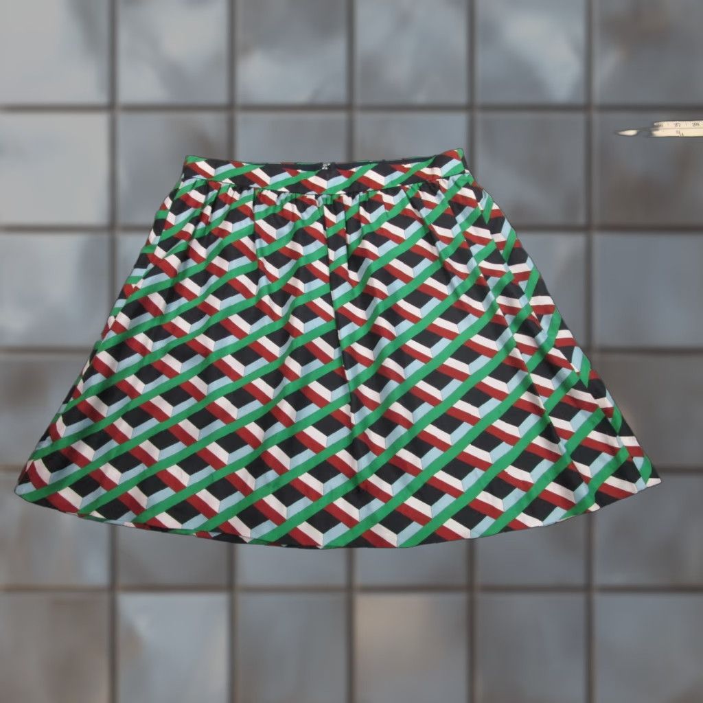 J.Crew VINTAGE J. Crew Skirt Womens 8 Mini Geometric Silk Satin Green Blue Geometric Pattern Womens 8 J.CREW Size 30" / US 8 / IT 44 - 1 Thumbnail