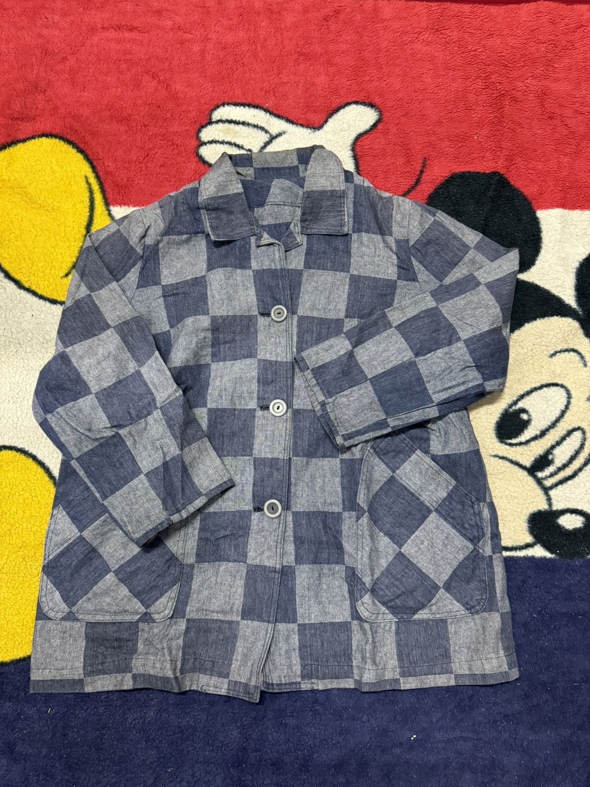image of Kapital Style Checkered Denim Jacket in Blue, Men's (Size Large)