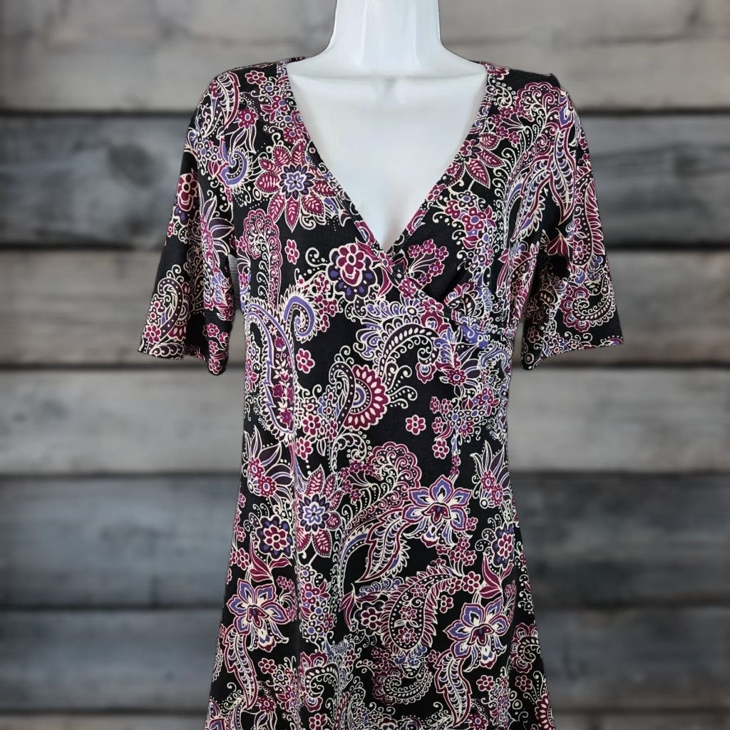 Prana prAna Dress Womens Small Purple Black Paisley Floral V-Neck Size S / US 4 / IT 40 - 1 Thumbnail