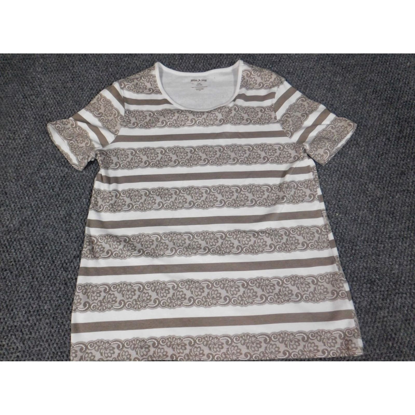Vintage White Stag Blouse Shirt Womens L Brown Striped Crew Neck Short Sleeve Pullover Cotton Rayon Basic Casual Ruffle Vintage No 100% Cotton Regular Size L / US 10 / IT 46 - 2 Thumbnail