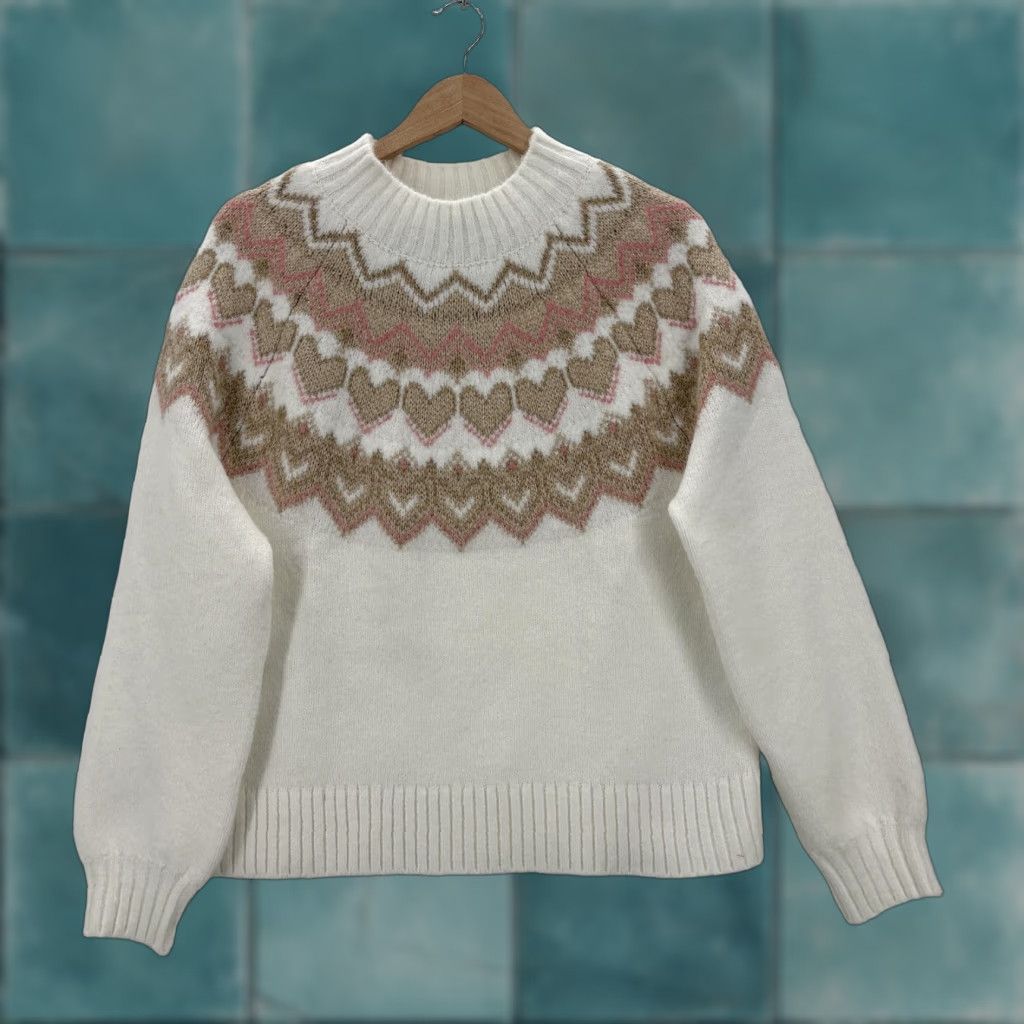Loft LOFT Sweater Womens Large White Fair Isle Heart Crew Glitter Knit Pullover NWT Size L / US 10 / IT 46 - 1 Thumbnail