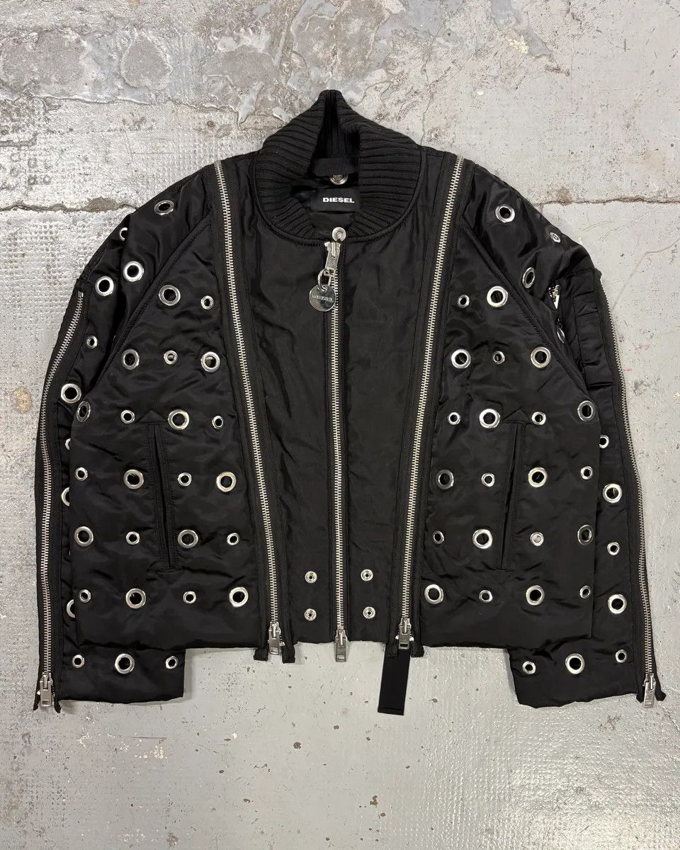 Diesel 2010s Diesel Black Nylon Eyelet Studded Bomber Jacket Size US S / EU 44-46 / 1 - 1 Thumbnail