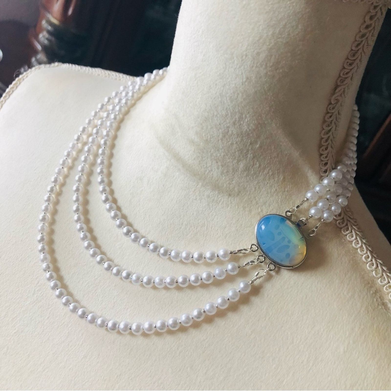 Handmade Handcrafted triple strand white pearl opalite clasp necklace Size ONE SIZE - 4 Thumbnail
